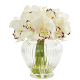 Faux Cymbidium Orchid Artificial Arrangement in Glass Vase by Nearly Natural