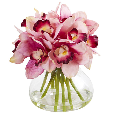 Cymbidium Silk Orchid Artificial Arrangement in Glass Vase by Nearly Natural