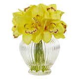 Faux Cymbidium Orchid Artificial Arrangement in Glass Vase by Nearly Natural