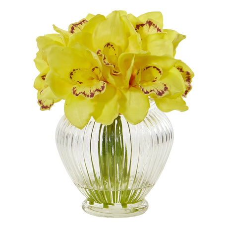 Faux Cymbidium Orchid Artificial Arrangement in Glass Vase by Nearly Natural