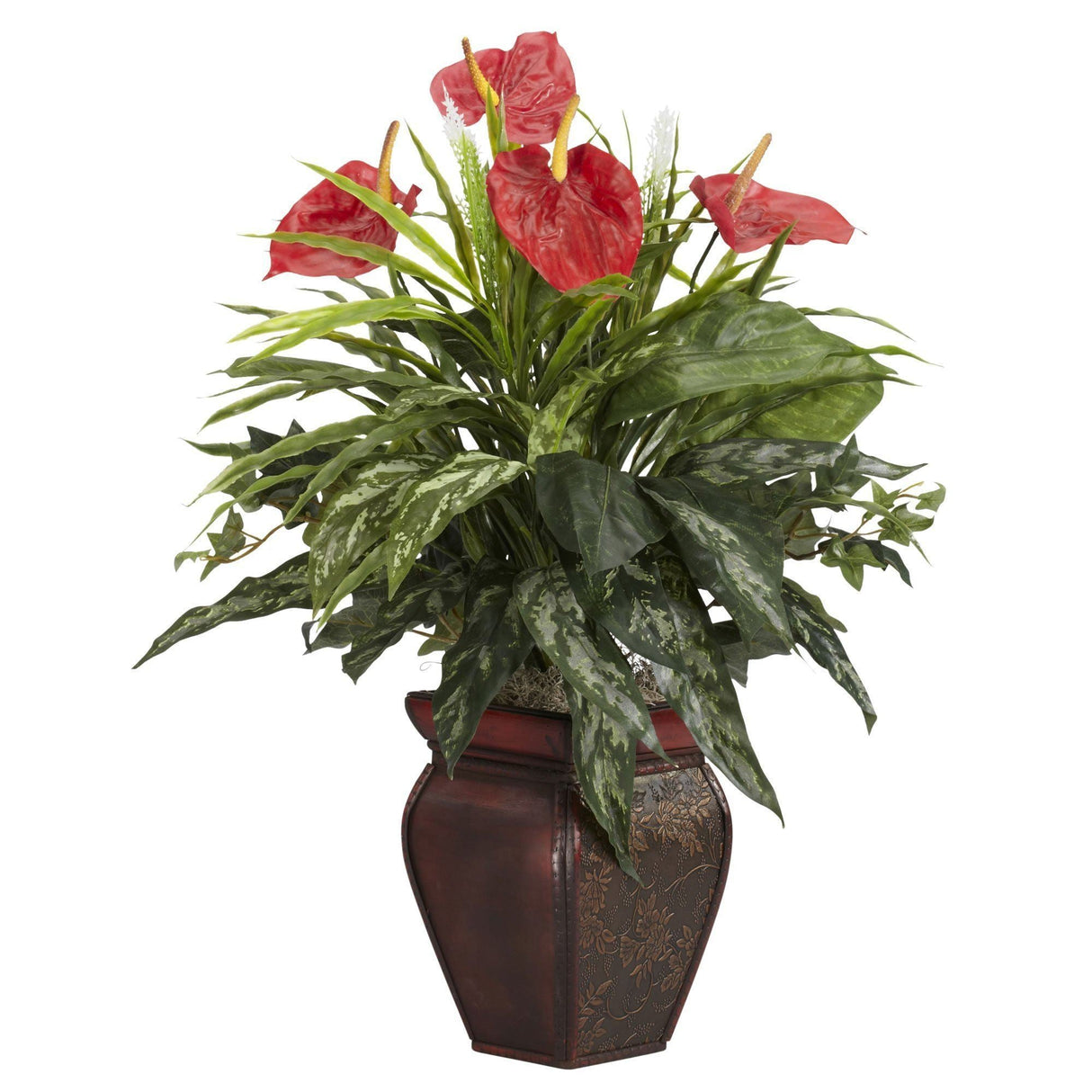 Mixed Greens & Anthurium w/Decorative Vase Silk Plant by Nearly Natural