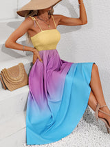 Color Block Tie Shoulder Smocked Maxi Dress by Faz