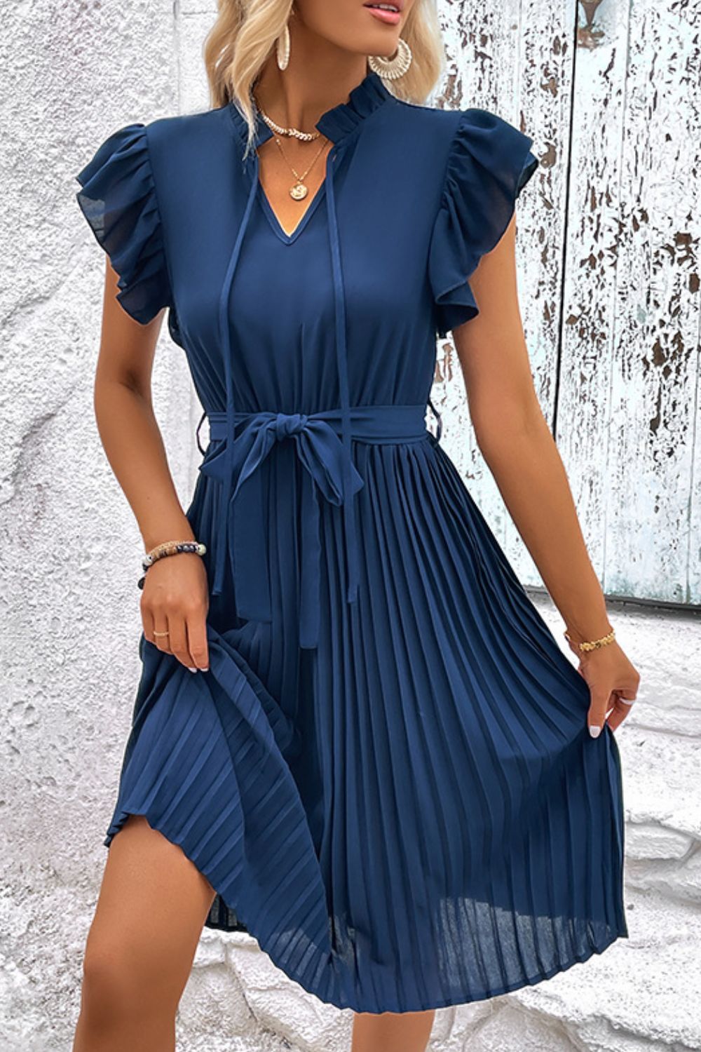 Tie Neck Belted Pleated Dress by Faz