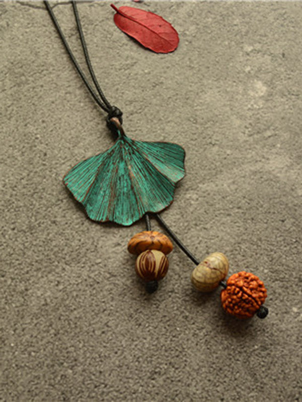 Vintage Wooden Beaded Leaf Shape Necklaces Accessories by migunica