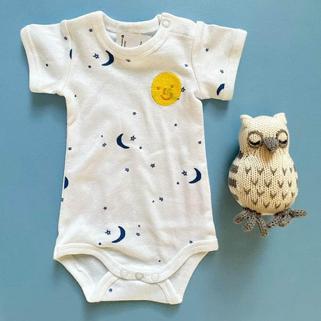 Moon & Stars Organic Baby Onesie & Owl Rattle Set by Estella