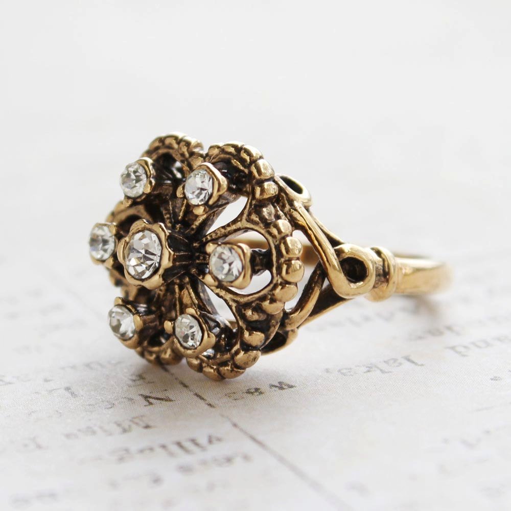 Vintage Citrine Austrian Crystals Filigree Style Antiqued 18k Yellow Gold Electroplated Ring by PVD Vintage Jewelry