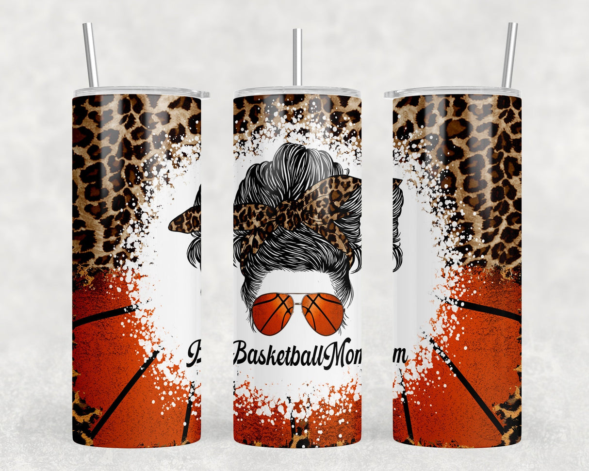 Basketball Mom Leopard Print - 20 oz Steel Skinny Tumbler - Optional Blue Tooth Speaker - Speaker Color will Vary by Rowdy Ridge Co