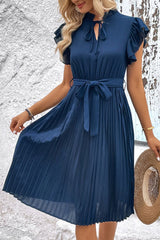 Tie Neck Belted Pleated Dress by Faz