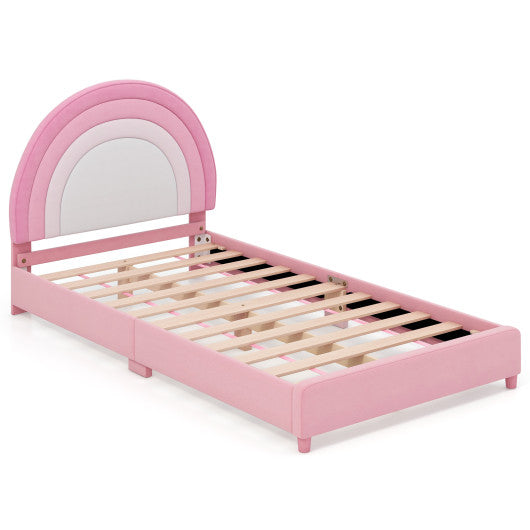 Twin Bed Frame with Height-Adjustable Headboard and Sturdy Wooden Slats-White & Pink