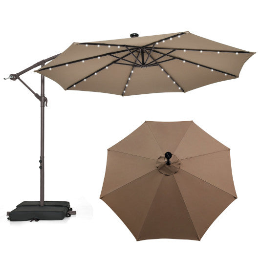 10 Feet Cantilever Umbrella with 32 LED Lights and Solar Panel Batteries-Tan