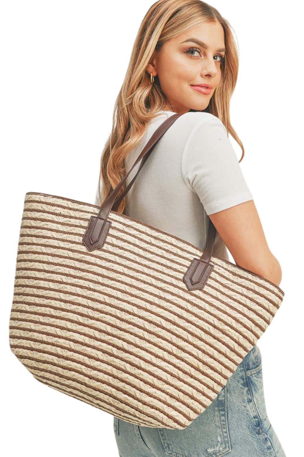 Horizontal Striped Straw Tote Bag by Embellish Your Life