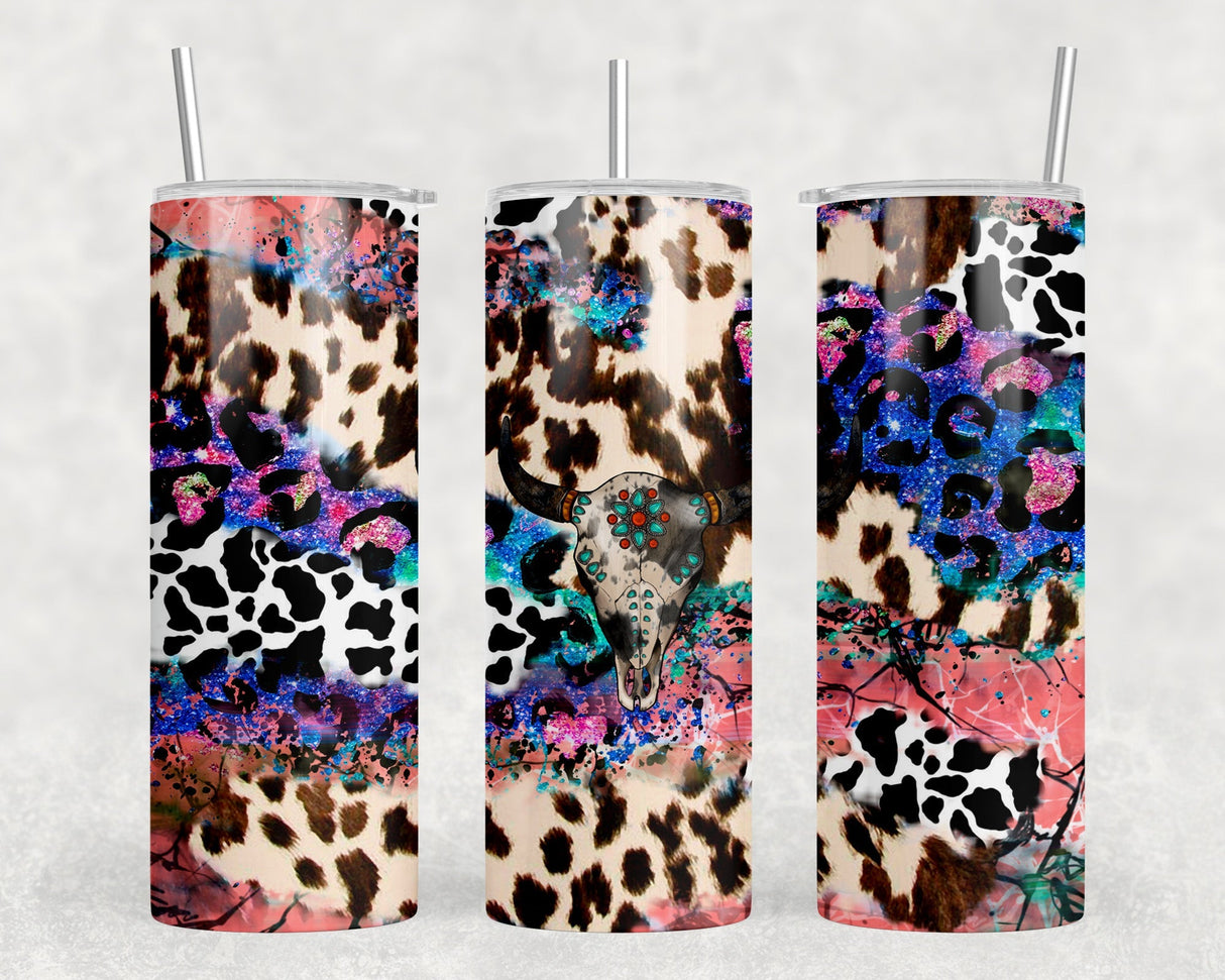 Bull Skull - 20 oz Steel Skinny Tumbler - Optional Blue Tooth Speaker - Speaker Color will Vary by Rowdy Ridge Co