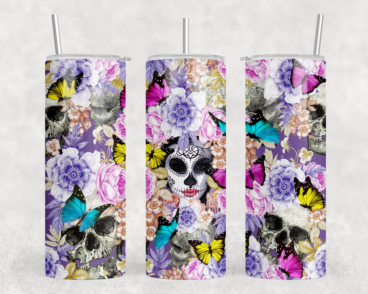 Butterfly Sugar Skull  - 20 oz Steel Skinny Tumbler - Optional Blue Tooth Speaker - Speaker Color will Vary by Rowdy Ridge Co