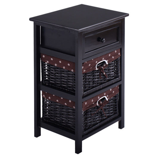 3 Tiers Wooden Storage Nightstand with 2 Baskets and 1 Drawer-black