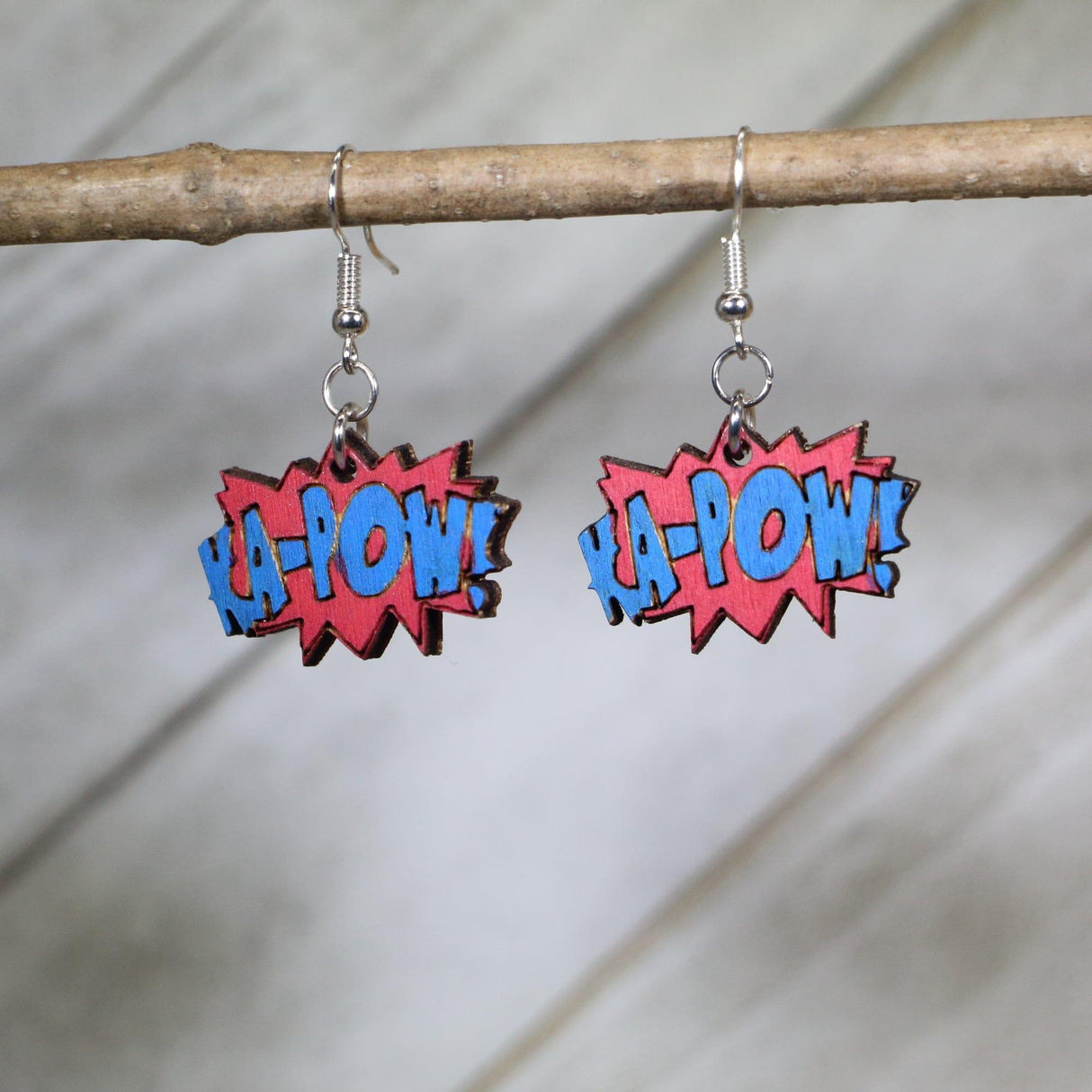 Cartoon "KA_POW!" Sound Effect Wooden Dangle Earrings by Cate's Concepts, LLC - Vysn