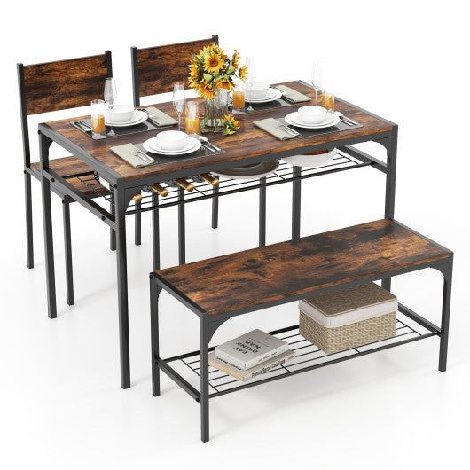 Industrial Style Rectangular Kitchen Table with Bench and Chairs-Rustic Brown