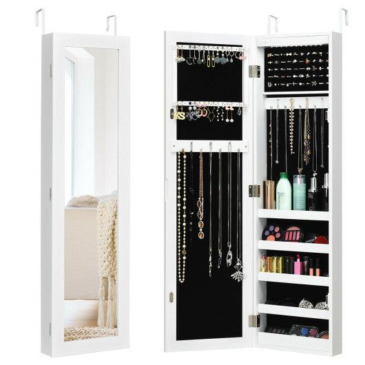 Wall And Door Mirrored Jewelry Cabinet With LED Light