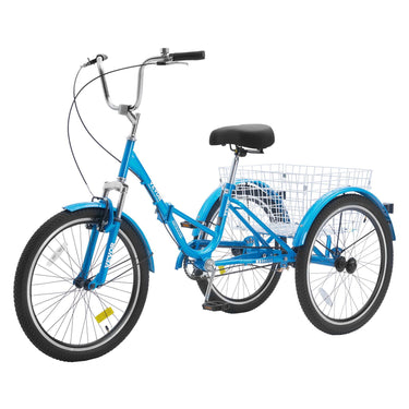 Folding Adult Tricycle, 24-Inch Adult Folding Trikes, Carbon Steel 3 Wheel Cruiser Bike with Large Basket & Adjustable Seat, Shopping Picnic Foldable Tricycles for Women, Men, Seniors (Blue)