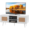 Rattan TV Stand, Boho TV Cabinet for 55 inch TV, Mid Century Modern TV Stand, Rattan TV Console with Adjustable Shelfs for Living Room, Media Room, White