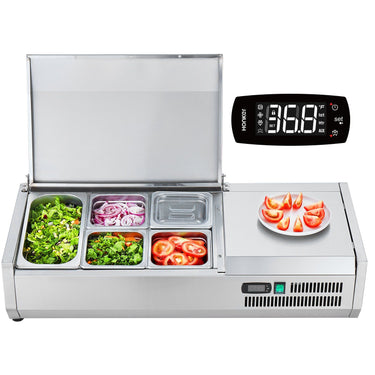 Refrigerated Condiment Prep Station, 130 W Countertop Refrigerated Condiment Station, with 1 1/3 Pan & 4 1/6 Pans, 304 Stainless Body and PC Lid, Sandwich Prep Table with Stainless Guard, ETL