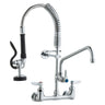 Commercial Faucet with Pre-Rinse Sprayer, 21" Height, 8" Center, 12" Swing Spout, Wall Mount Kitchen Sink Faucet, Brass Constructed Device with Pull Down Spray, for 1/2/3 Compartment Sink