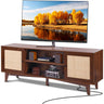 Rattan TV Stand for 75in TV, Boho TV Stand with Rattan Door, Entertainment Center with Build-in Socket, Storage Cabinet with 2 Shelves, Modern TV Console for Living Room, Media Room, Walnut