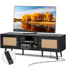 Rattan TV Stand for 65 inch TV, Boho TV Stand with Rattan Door, Entertainment Center with Build-in Socket and USB Ports, Modern TV Console for Living Room, Media Room, Black