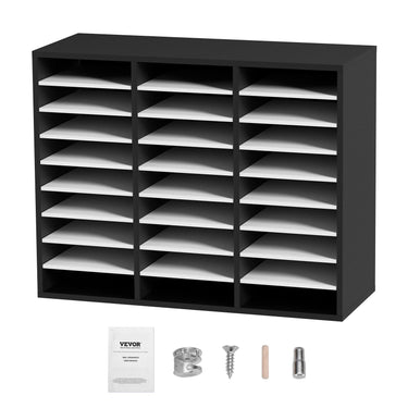 27 Compartments Wood Literature Organizer, Adjustable Shelves, Medium Density Fiberboard Mail Center, Office Home School Storage for Files, Documents, Papers, Magazines, Black+White