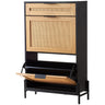 Rattan Shoe Cabinet, Narrow Shoe Storage Organizer with 2 Flip Rattan Drawers & 1 Slide Drawer, Metal Legs, Slim Shoe Entryway Cabinet Ideal for Entryway, Closet, Hallway, Black