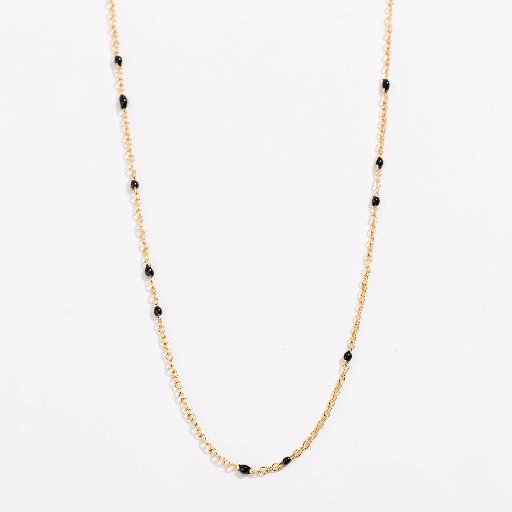 Dainty Black Onyx Beaded Link Necklace for Women in White or Yellow Gold by Hollywood Sensation®