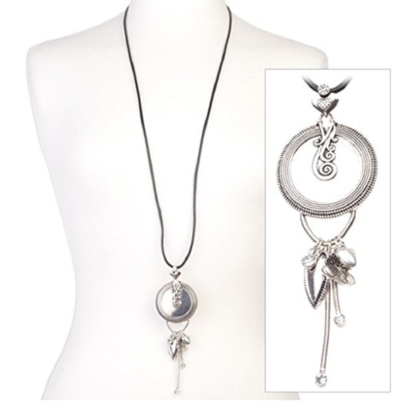 Silver Tone 'Shimmer Heart' Diamante Crystal Tassel Pendant Black Leather Cord Necklace 43cm-50cm by Liberty Charms USA