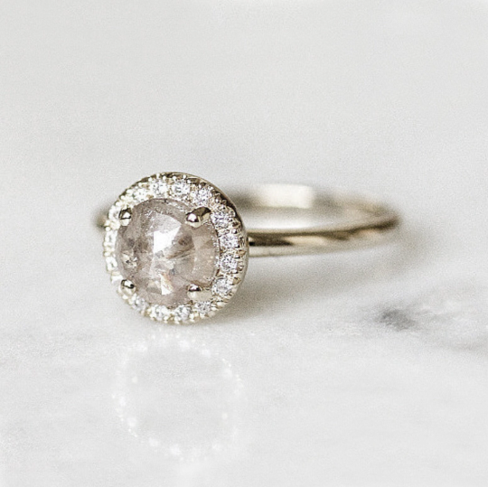 Salt and Pepper Rose Cut Diamond Halo Engagement Platinum Ring by VicStoneNYC Fine Jewelry