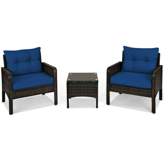 3 Pieces Outdoor Patio Rattan Conversation Set with Seat Cushions-Navy