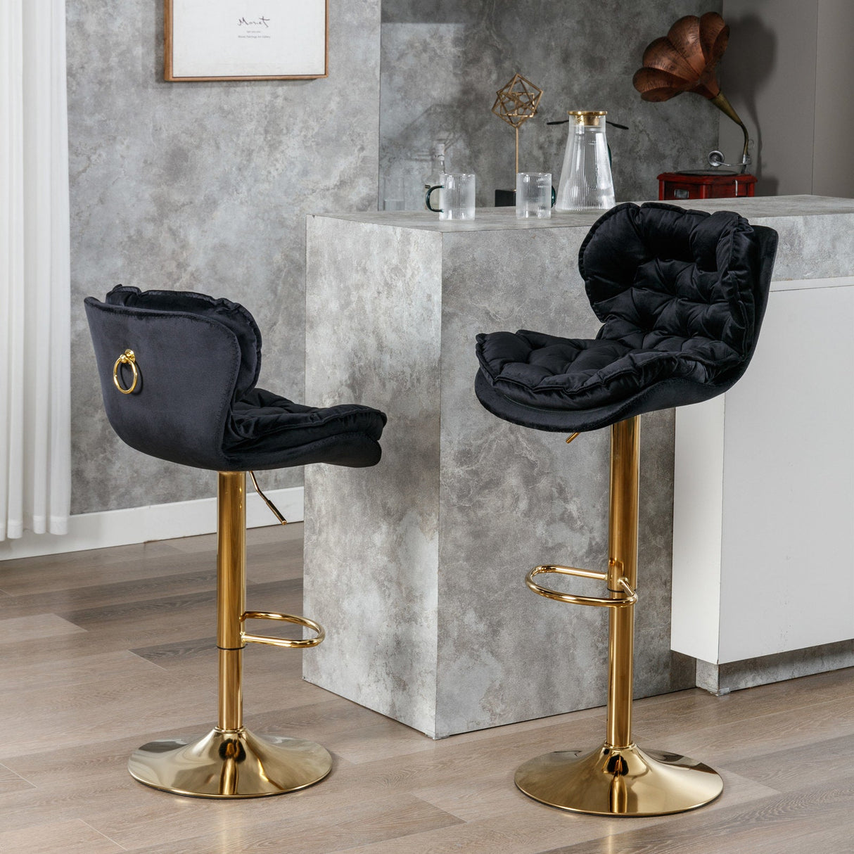 Set of 2 Swivel Velvet  Bar Stools Black by Blak Hom