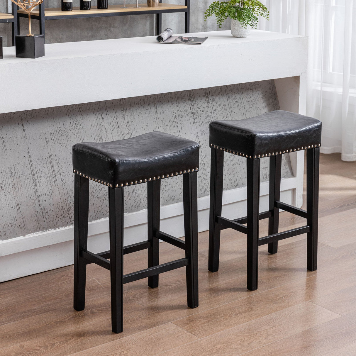 Set of 2  Faux Leather Stools Farmhouse Style by Blak Hom