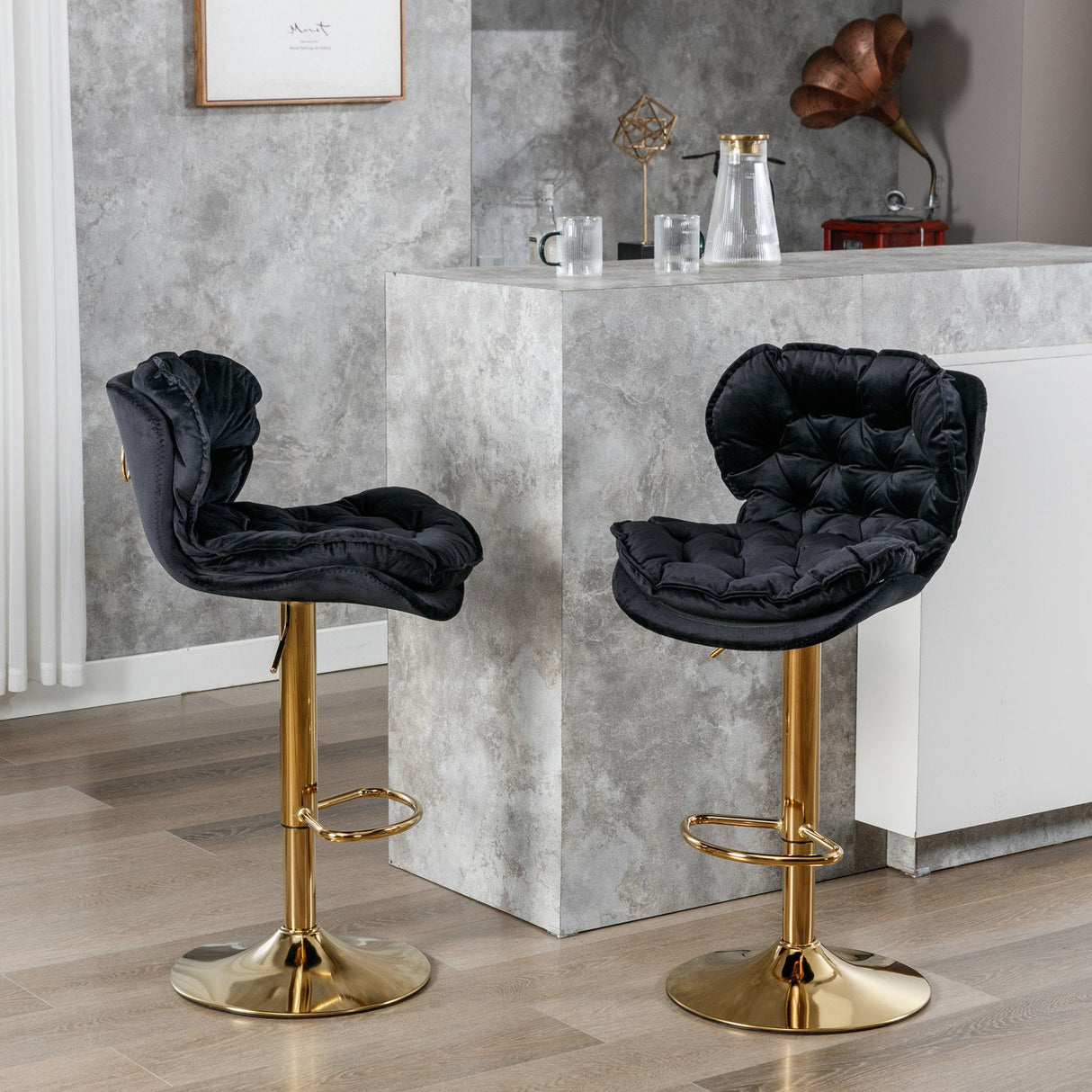 Set of 2 Swivel Velvet  Bar Stools Black by Blak Hom