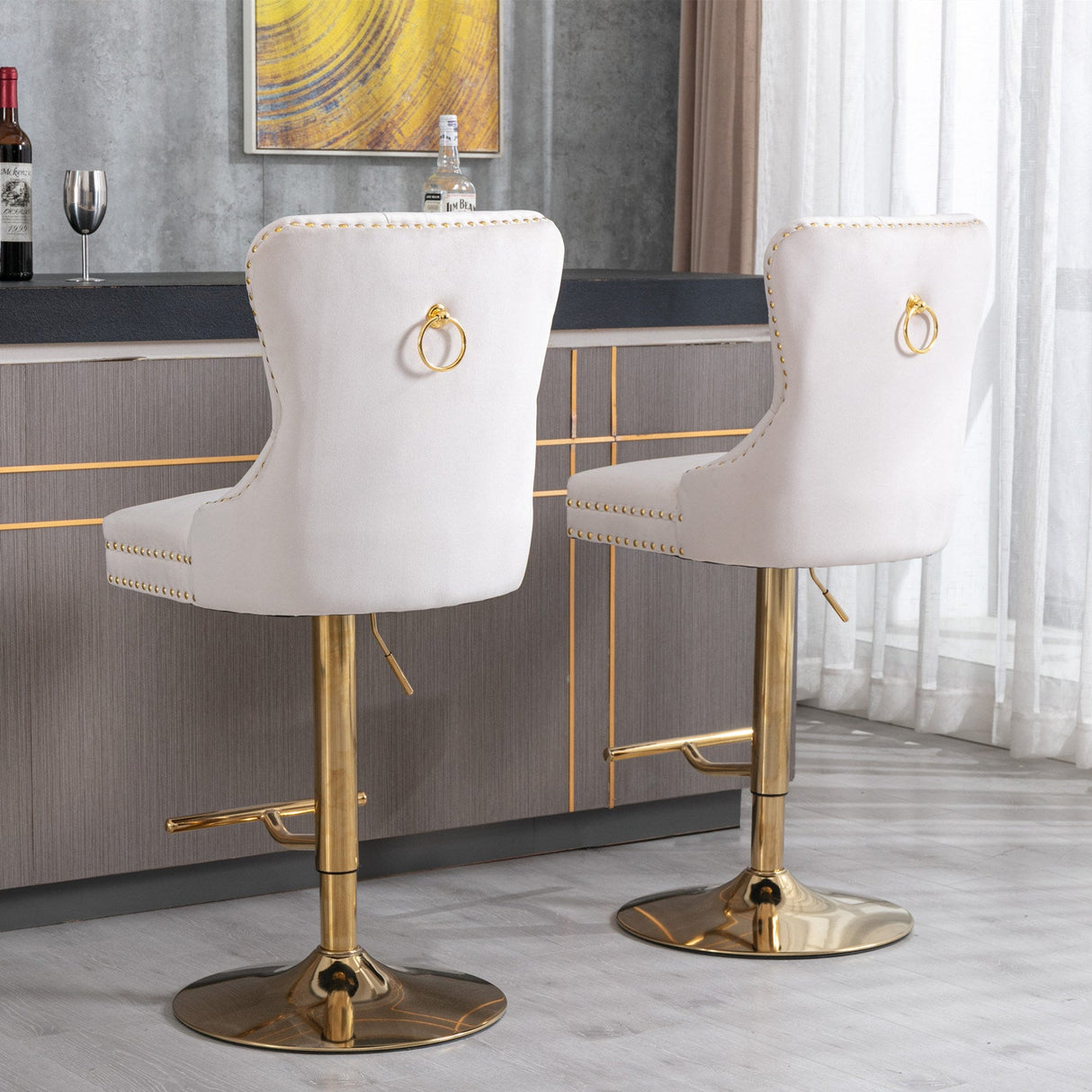 Set of 2 Thick Golden Swivel Velvet Barstools by Blak Hom