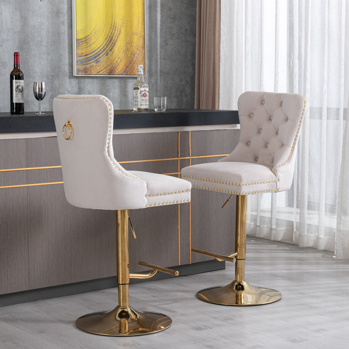 Set of 2 Thick Golden Swivel Velvet Barstools by Blak Hom