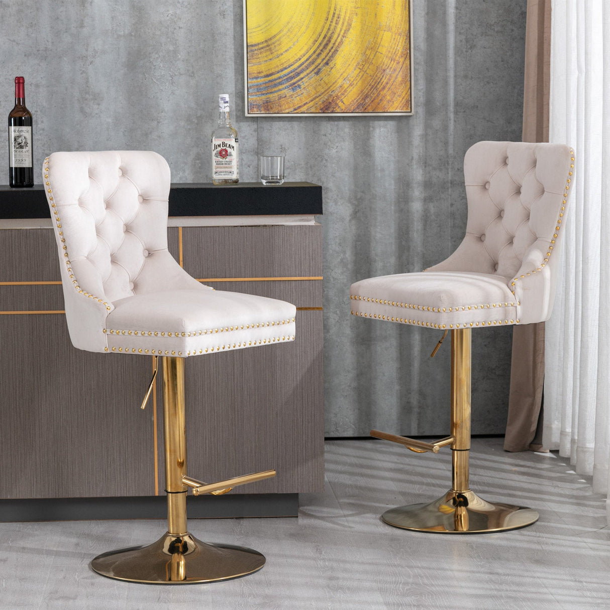 Set of 2 Thick Golden Swivel Velvet Barstools by Blak Hom