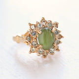 Vintage Ring Genuine Jade surrounded with Austrian Crystals 18k Yellow Gold Electroplated by PVD Vintage Jewelry