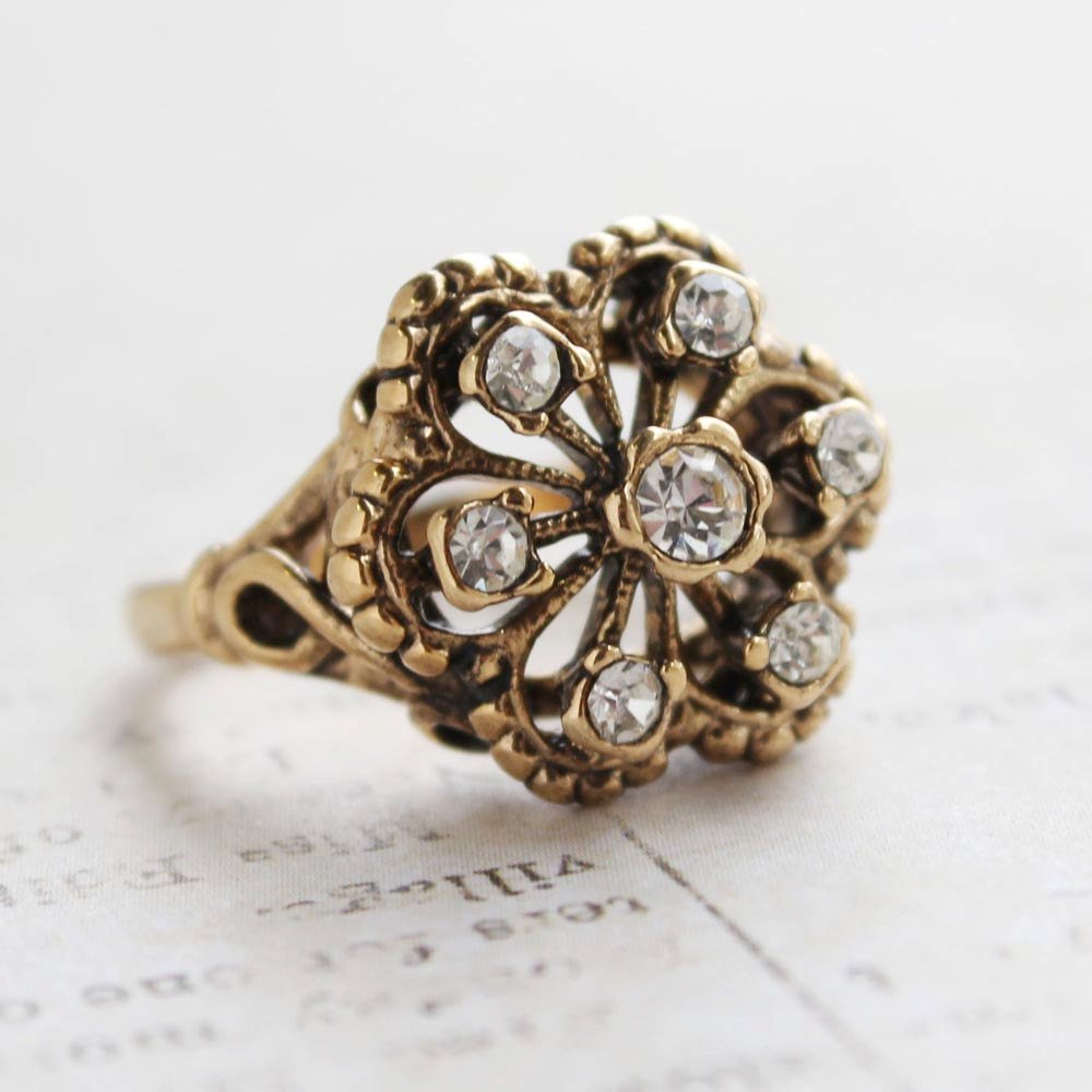 Vintage Citrine Austrian Crystals Filigree Style Antiqued 18k Yellow Gold Electroplated Ring by PVD Vintage Jewelry