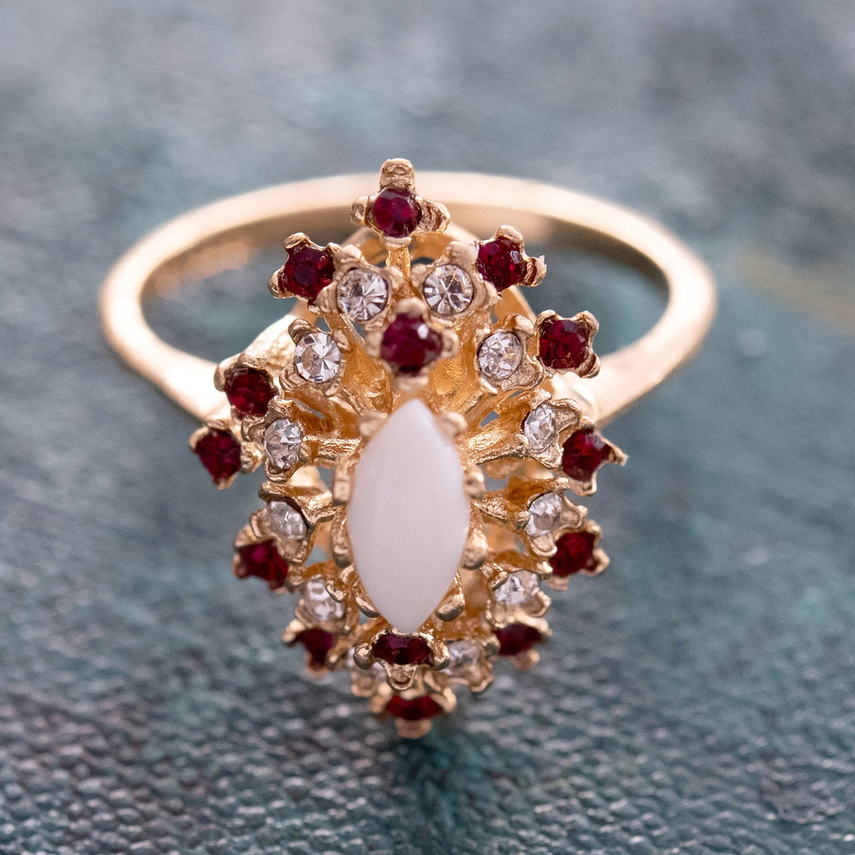 Vintage Ring Genuine Opal with Clear and Ruby Austrian Crystals 18kt Yellow Gold Electroplated by PVD Vintage Jewelry