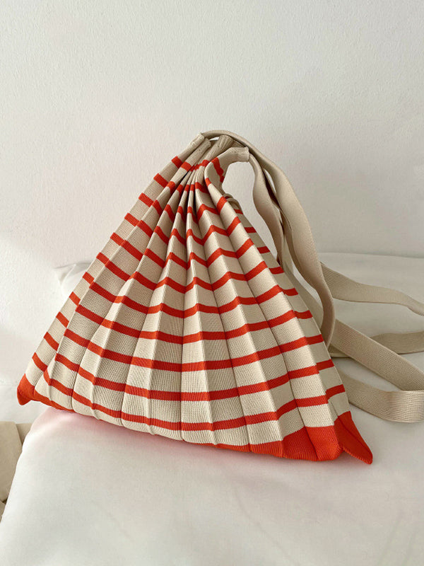 Contrast Color Pleated Striped Woven Handbag by migunica