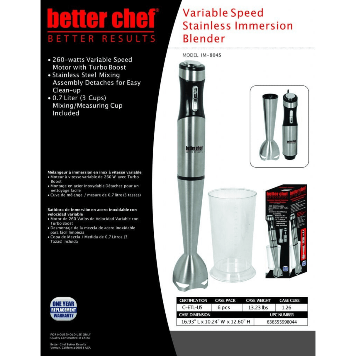 Better Chef 260W Variable Speed Stainless Steel Immersion Blender with Cup by Jupiter Gear Home