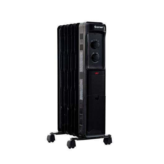 1500W Oil Filled Portable Radiator Space Heater with Adjustable Thermostat-Black