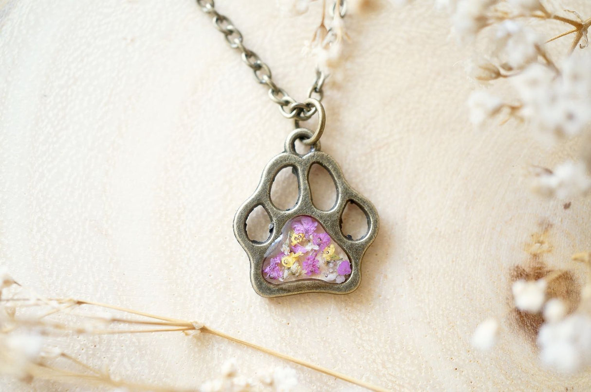 Real Dried Flowers in Resin Necklace, Dog Paw in Pink Yellow White by Furr Baby Gifts