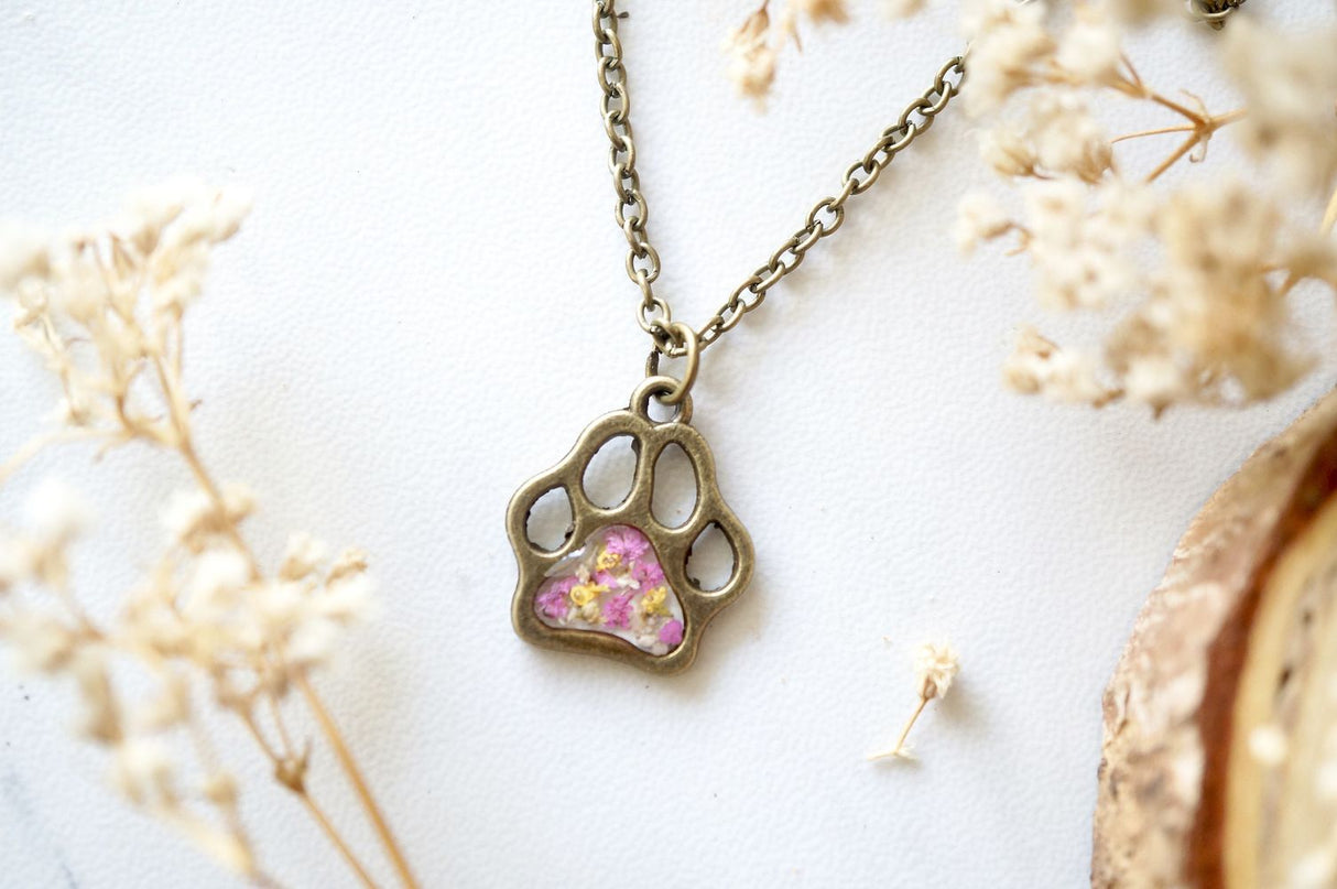 Real Dried Flowers in Resin Necklace, Dog Paw in Pink Yellow White by Furr Baby Gifts