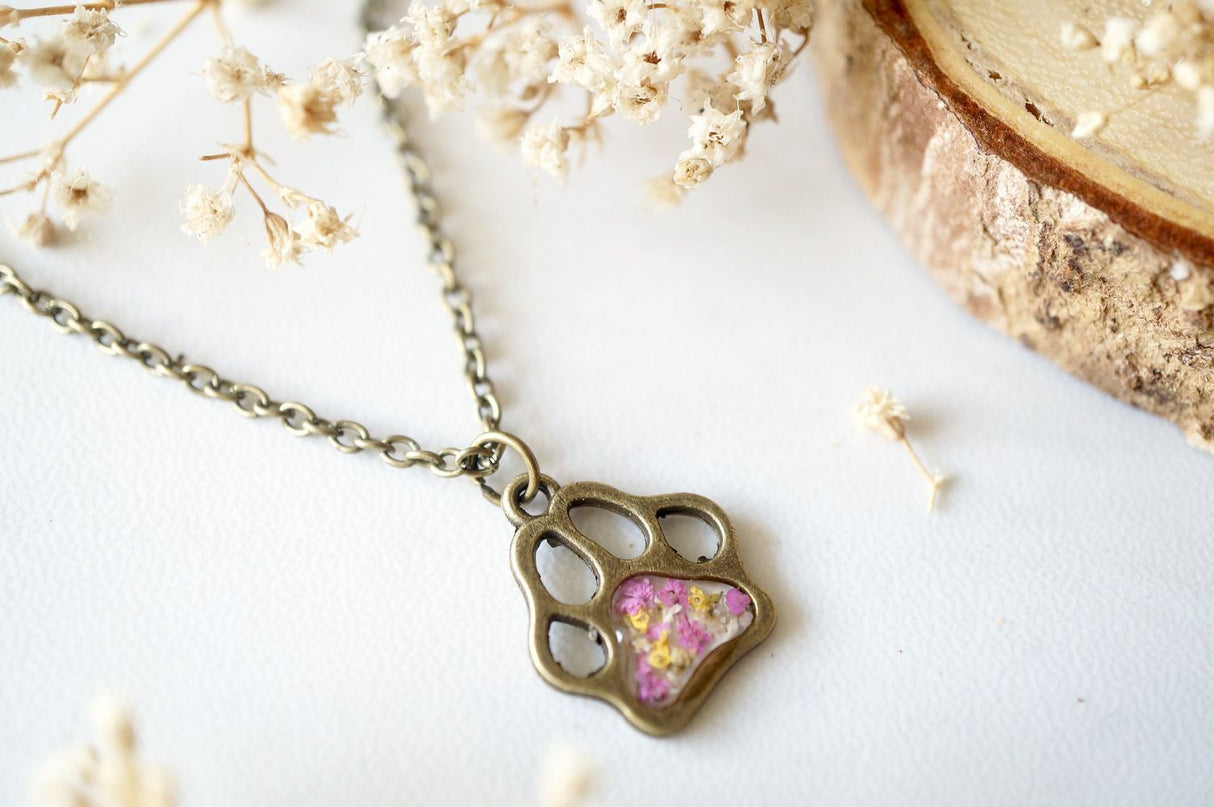 Real Dried Flowers in Resin Necklace, Dog Paw in Pink Yellow White by Furr Baby Gifts