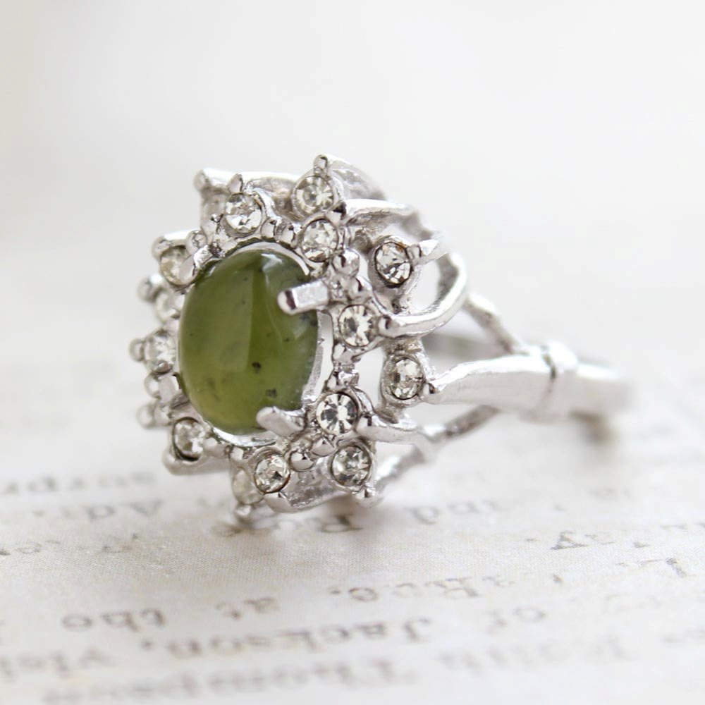 Vintage Ring Genuine Jade surrounded with Austrian Crystals 18k Yellow Gold Electroplated by PVD Vintage Jewelry