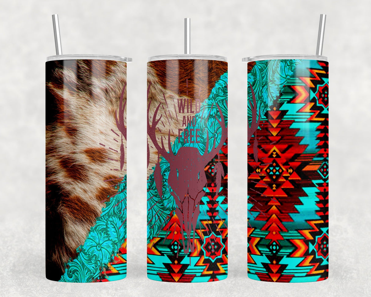 faux cowhide Aztec Deer Skull  - 20 oz Steel Skinny Tumbler - Optional Blue Tooth Speaker - Speaker Color will Vary by Rowdy Ridge Co